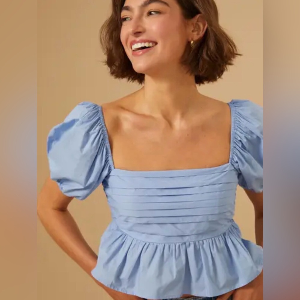 Altar’d State Denim Blue Serenity Smocked Peplum Top Size S